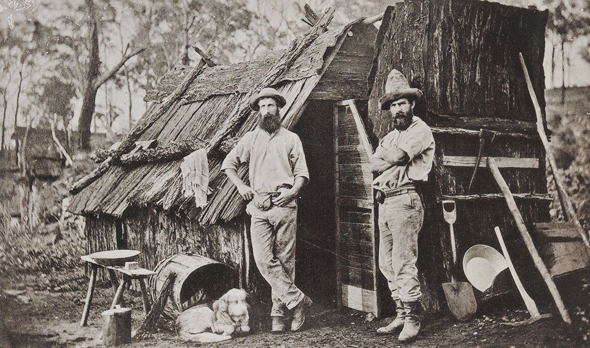 Richard Daintree, England/Australia 1832-78 / (Gold miners’ bark hut) (no. 17 from ‘Images of Queensland’ series) c.1870 / Autotype on paper / 9.8 x 16.5cm (comp.) / Purchased 2009 with funds raised through the QAG Foundation 30th Anniversary Appeal / Collection: Queensland Art Gallery | Gallery of Modern Art