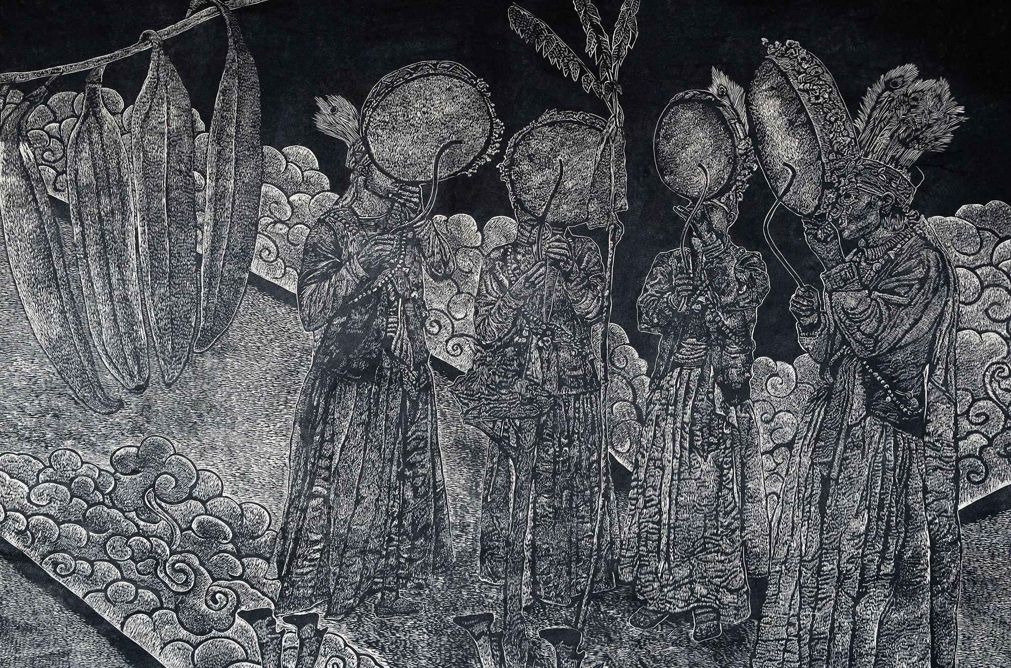 Subas Tamang, Tamang people, Nepal b.1990 / KAAITEN: History, Memory, Identity (detail) 2024 / Woodcut prints on Nepali handmade paper / Four panels: 304 × 153cm (each); 304.8 × 612cm (overall) / Purchased 2024. QAGOMA Foundation / Collection: Queensland Art Gallery | Gallery of Modern Art / © Subas Tamang