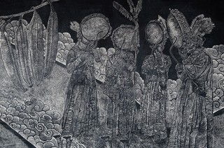 Subas Tamang, Tamang people, Nepal b.1990 / KAAITEN: History, Memory, Identity (detail) 2024 / Woodcut prints on Nepali handmade paper / Four panels: 304 × 153cm (each); 304.8 × 612cm (overall) / Purchased 2024. QAGOMA Foundation / Collection: Queensland Art Gallery | Gallery of Modern Art / © Subas Tamang