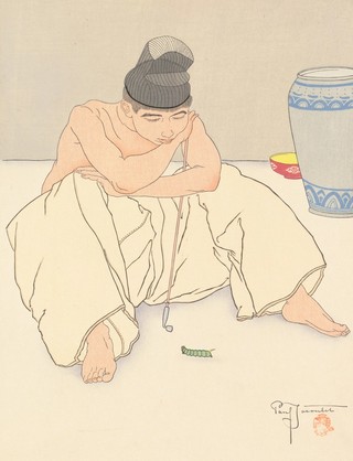 Paul Jacoulet, Japan 1896–1960 / Kentaro Maeda, Japan c.1891–c.1987 / La chenille verte. Coree (The green caterpillar. Korea) 1936 / Colour woodblock print on PJ watermarked paper / 43 x 33cm / Purchased 2023 with funds from the Airey Family through the QAGOMA Foundation / Collection: Queensland Art Gallery | Gallery of Modern Art / © Paul Jacoulet/ADAGP/Copyright Agency