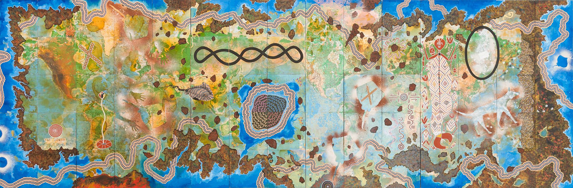 Artist: Michael Eather, Australia b.1963 / Collaborating artists: Joanne Currie Nalingu, Gunggari people, Australia b.1964 / Kumantje Jagamara, Warlpiri/Luritja people, Australia c.1946-2020 / Lin Onus, Yorta Yorta people, Australia 1948-96 / Christopher Hodges, Australia b.1954 / Clifford Possum Tjapaltjarri, Anmatyerre people, Australia c.1932-2002 / Karen Casey, Palawa people, Australia 1956-2021 / Rick Roser, Jinbara people, Australia b.1955 / Simon Turner, Australia b.1972 / Ruby Abbott Napangardi, Luritja people, Australia b.c.1953 / Barbara Weir, Anmatyerre/Alyawarr peoples, Australia b.c.1945 / Laurie Nilsen, Mandandanji people, Australia 1953-2020 / Stephen Gawulku, Kunibidji people, Australia b.unknown / Bianca Beetson, Kabi Kabi (Gubbi Gubbi) people, Australia b.1973 / Two worlds 1995-97 / Synthetic polymer paint, natural pigments, shellac, photocopied images on 75 boards with velvet curtains and rods 15 panels: 305 x 60cm (each); 300 x 956cm (installed); 2 curtains: 325 x 335cm, 325 x 340cm; 4 curtain rods: 3 x 75cm (each) / Purchased 1997 with funds from an anonymous donor through the QAG Foundation and from a special allocation from the Queensland Government. Celebrating the Queensland Art Gallery's Centenary 1895-1995 / Collection: Queensland Art Gallery | Gallery of Modern Art / © The artists