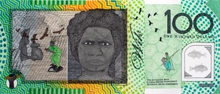 Ryan Presley, Marri Ngarr people, Australia b.1987 / Blood Money–One Hundred Dollar Note–Gladys Tybingoompa Commemorative (detail) 2011 / Watercolour on paper / Dimensions variable / Image courtesy: Ryan Presley and Milani Gallery, Brisbane / Photography: Carl Warner