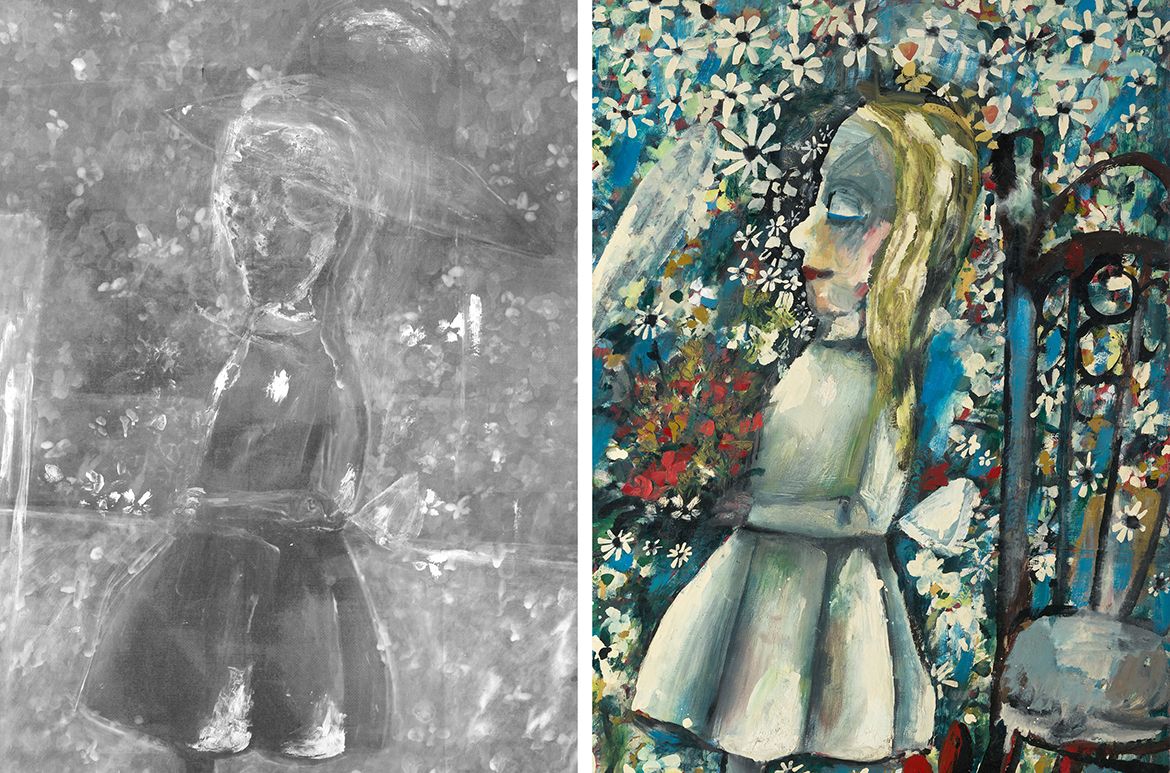 Charles Blackman, Australia 1928-2018 / The Blue Alice 1956-57 / Tempera, oil and household enamel on composition board / 122 x 122cm / Purchased 2000. The Queensland Government’s special Centenary Fund / Collection: Queensland Art Gallery | Gallery of Modern Art / © Charles Blackman/Copyright Agency