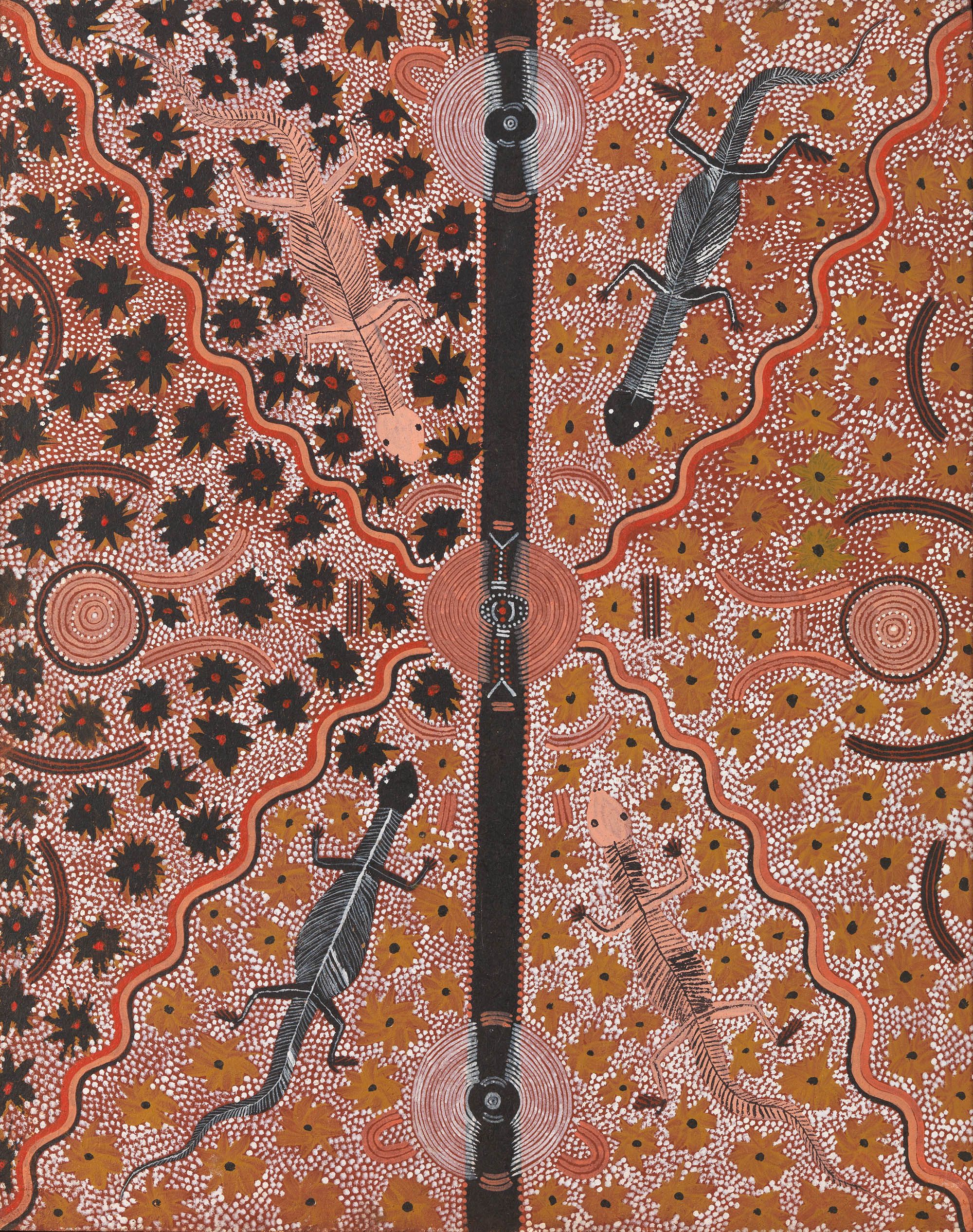 Kaapa Mbitjana Tjampitjinpa, Anmatyerre/Arrernte people, Australia c.1925–89 / Goanna Story c.1973–74 / Synthetic polymer paint on board / 76 x 60.2cm / Purchased 1996 with funds from National Australia Bank Limited through the QAG Foundation / Collection: Queensland Art Gallery | Gallery of Modern Art / © Kaapa Mbitjana Tjampitjinpa Estate/Licensed by Aboriginal Artists Agency
