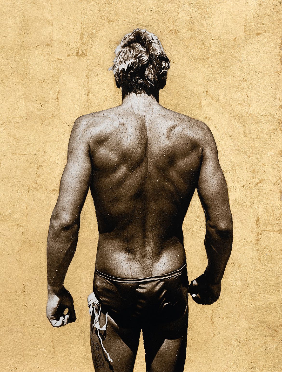 William Yang, Australia b.1943 / Golden Summer 1987/2016 / Inkjet print, gold leaf on Innova Softex paper / 40 x 30cm / Purchased 2021 with funds from Cora Trevarthen and Andrew Reeves through the QAGOMA Foundation / Collection: Queensland Art Gallery | Gallery of Modern Art / © William Yang