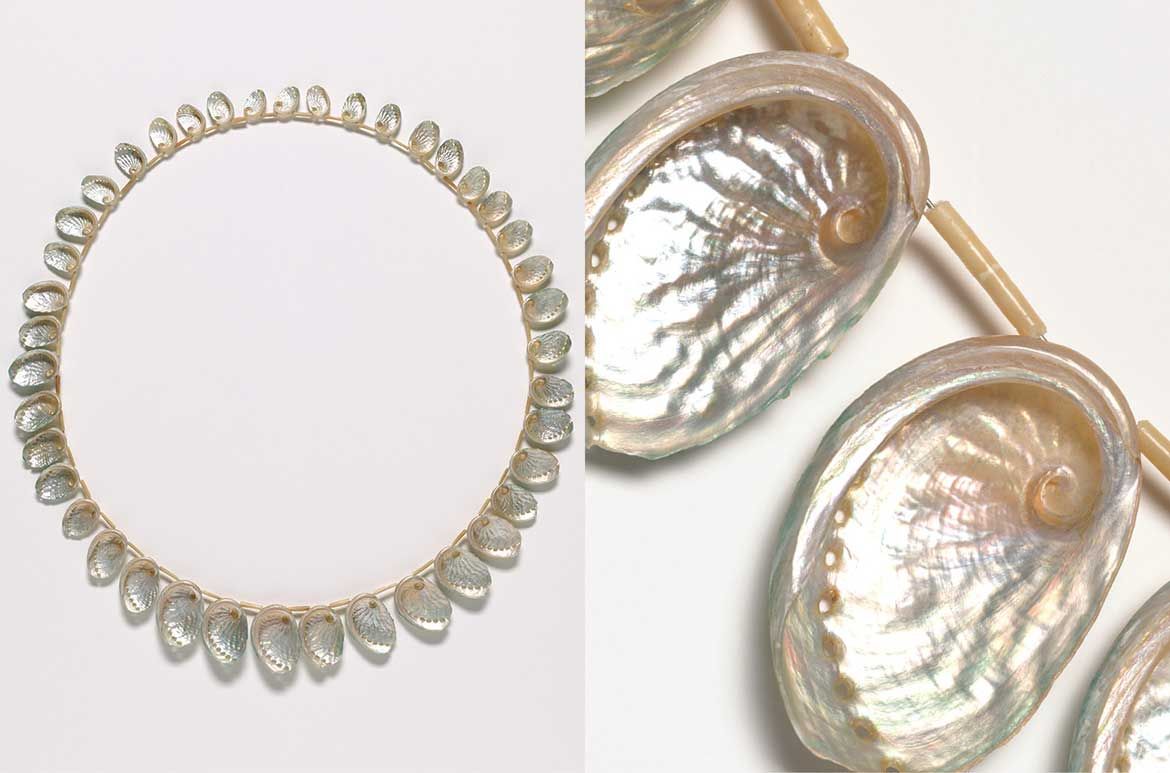 Lola Greeno, Australia b.1946 / Netepa menna (and detail) 2018 / Abalone shells spaced with echidna quills / 43.5cm (diam.) / Purchased 2018 with funds from The Hon. Ashley Dawson-Damer AM through the QAGOMA Foundation / Collection: Queensland Art Gallery | Gallery of Modern Art / © Lola Greeno