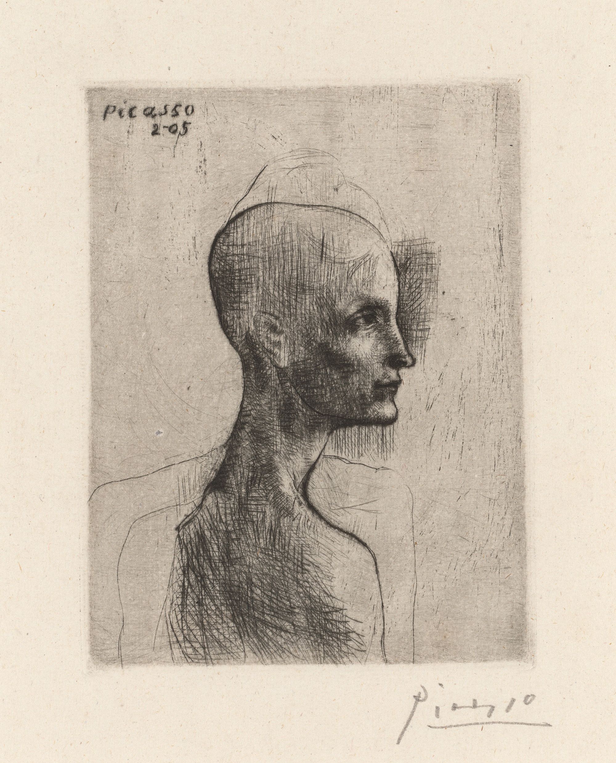 Pablo Picasso, Spain 1881–1973 / Buste d'homme (from 'La Suite des Saltimbanques' series) 1905, printed 1905 / Drypoint on vergé ancient paper / 44.7 x 29.5cm / Purchased 2022 with funds from the Henry and Amanda Bartlett Trust through the QAGOMA Foundation / Collection: Queensland Art Gallery | Gallery of Modern Art / © Succession Picasso/Copyright Agency