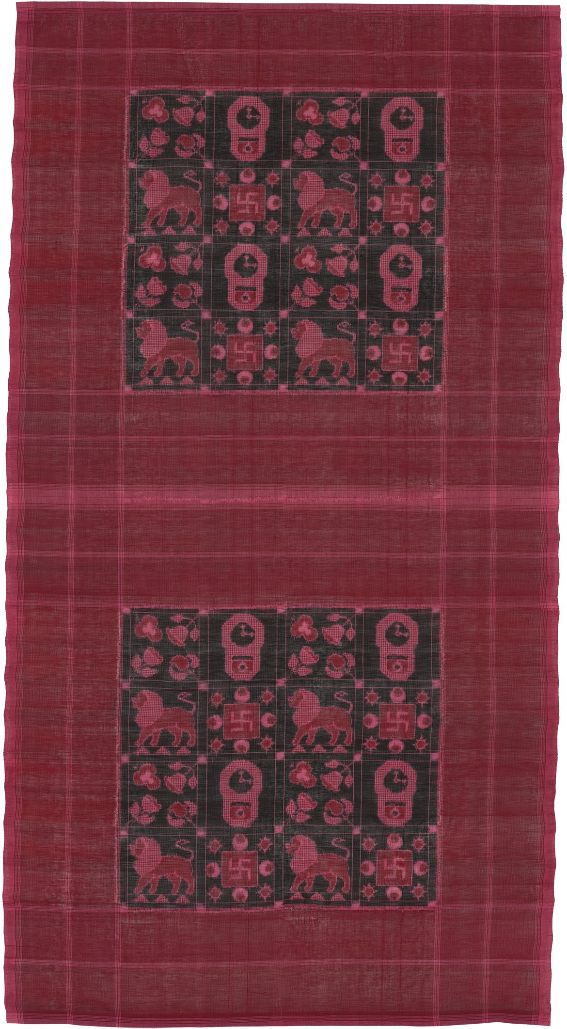 Nalgonda Weaver, India / Telia rumal with lions, clocks and swastikas c.1990s / Dyed cotton, warp and weft ikat in centre, supplementary weft lines in border corner / 112 x 208cm / Gift of Dana McCown through the QAGOMA Foundation 2020 / Collection: Queensland Art Gallery | Gallery of Modern Art / © QAGOMA