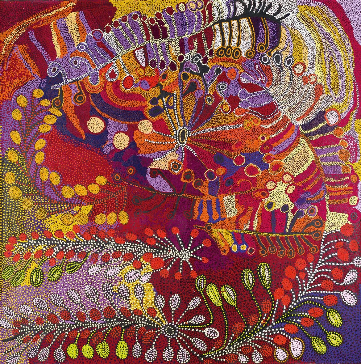 Kunmanara Williamson (Artist), Pitjantjatjarra people, Australia 1940-2014 / Wawiriya Burton (Artist), Pitjantjatjarra people, Australia b.1925 / Punu 2011 / Synthetic polymer paint on linen / Purchased 2012 with funds from Margaret Mittelheuser, AM, and Cathryn Mittelheuser, AM, through the QAG Foundation / Collection: Queensland Art Gallery | Gallery of Modern Art / © The artists