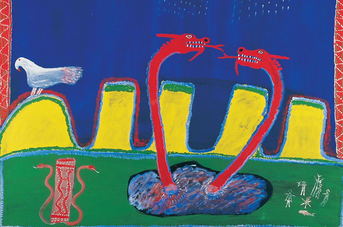 Ginger Riley Munduwalawala, Australia 1937-2002 / Garimala (The Two Snakes) 1988 / Synthetic polymer paint on canvas / Purchased 1990 with funds from ARCO Coal Australia Inc. through the QAG Foundation / Collection: Queensland Art Gallery | Gallery of Modern Art / © The Estate of Ginger Riley Munduwalawala. Courtesy: Alcaston Gallery, Melbourne