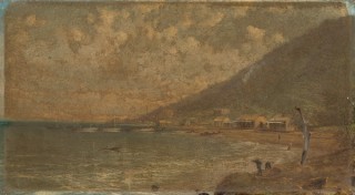 Isaac Walter Jenner, England/Australia 1836–1902 / Kelly & Cussen’s Pearl Shelling Station on Prince of Wales Island, Torres Straits 1897 (before conservation) / Oil on canvas / 24.5 x 44.5cm / Gift of Geoffrey and Lorelle St Clair in memory of Arthur and Rosamond Smith through the QAGOMA Foundation 2020 / Collection: Queensland Art Gallery | Gallery of Modern Art