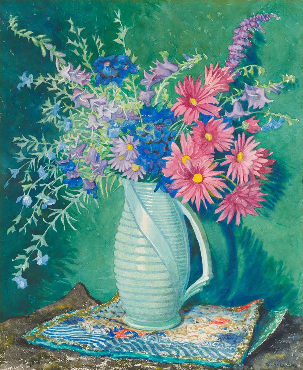 Vida Lahey, Queensland Australia 1882–1968 / Green vase with gerberas 1948 / Watercolour on paper / 47.3 x 38.3cm / Gift of Rosemary Goodchild through the QAGOMA Foundation 2015. Donated through the Australian Government’s Cultural Gifts Program/ Collection: Queensland Art Gallery | Gallery of Modern Art / © QAGOMA