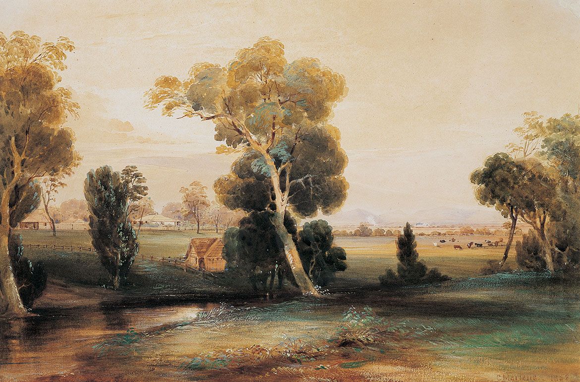 Conrad Martens, England/Australia 1801-78 / The homestead, Canning Downs 1852 / Watercolour on paper / 30.1 x 45.5cm / Purchased 1998 with funds raised through The Conrad Martens Queensland Art Gallery Foundation Appeal and with the assistance of the Queensland Government’s special Centenary Fund / Collection: Queensland Art Gallery | Gallery of Modern Art