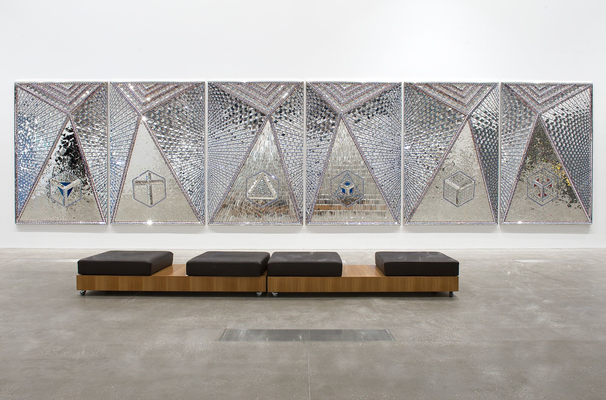 Monir Shahroudy Farmanfarmaian, Iran 1924–2019 / Lightning for Neda 2009 / Mirror mosaic, reverse-glass painting, plaster on wood / Six panels: 300 x 200 x 25cm (each); 300 x 1200 x 25cm (overall) / The artist dedicates this work to the loving memory of her late husband Dr Abolbashar Farmanfarmaian. Purchased 2009. QAG Foundation / Collection: Queensland Art Gallery | Gallery of Modern Art / © Monir Shaharoudy Farmanfarmaian Estate / Photograph N Harth © QAGOMA