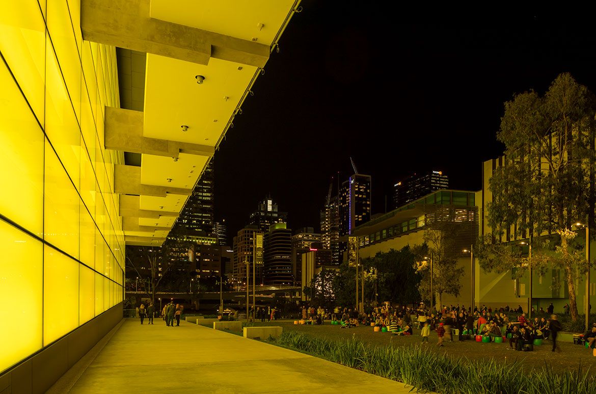 James Turrell, United States, b.1943 / Night Life 2018 / Architectural light installation (exterior) / Commissioned 2017 to mark the 10th anniversary of the opening of the Gallery of Modern Art. This project has been realised with generous support from the Queensland Government; Paul, Sue and Kate Taylor; the Neilson Foundation; and the QAGOMA Foundation Appeal / Collection: Queensland Art Gallery | Gallery of Modern Art / © James Turrell / Photograph: N Harth © QAGOMA