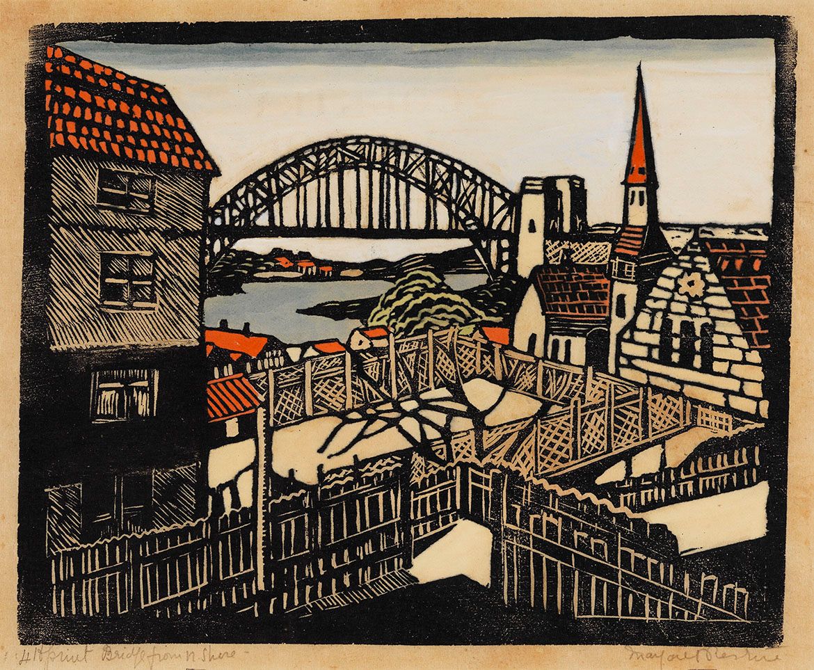 Margaret Preston, Australia 1875–1963 / Bridge from North Shore c.1932 / Woodcut, hand-coloured on paper / 20.3 x 24.5cm (sight) / Purchased 2003. QAG Foundation / Collection: Queensland Art Gallery | Gallery of Modern Art / © Margaret Preston/Copyright Agency