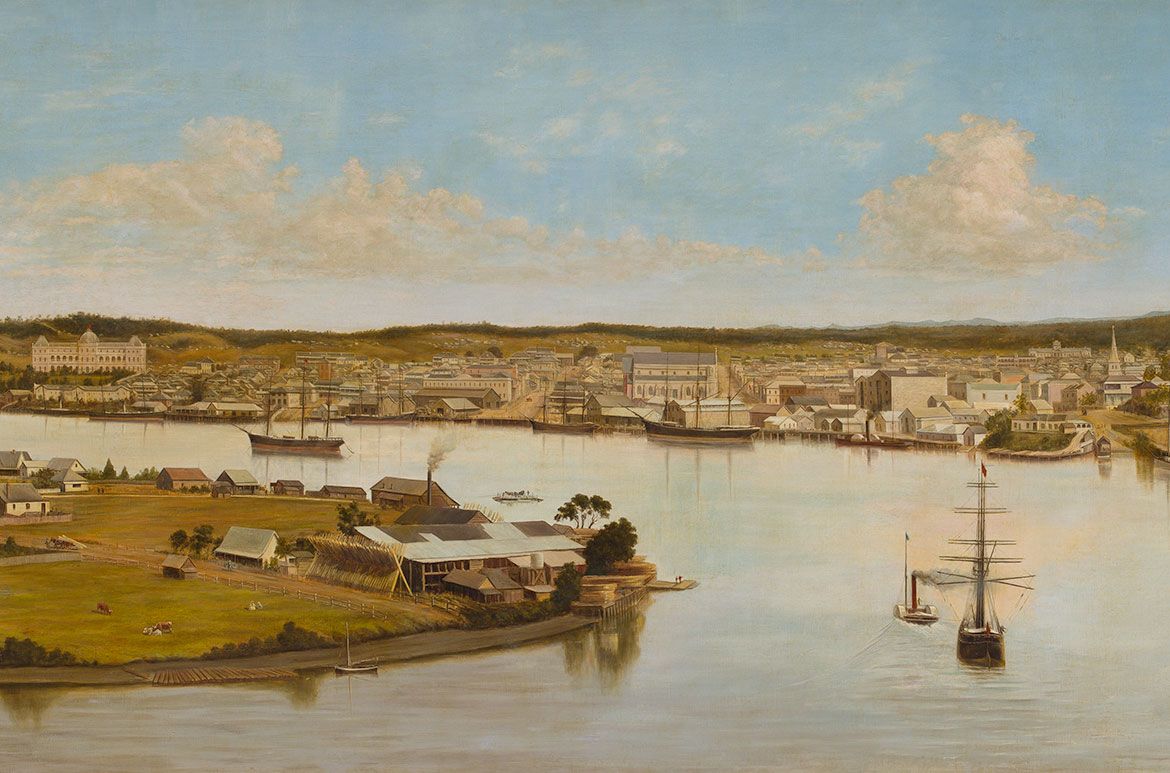 Joseph Augustus Clarke, Australia 1840–1890 / Panorama of Brisbane 1880 / Oil on canvas / 137 x 366cm / Collection: Queensland Museum