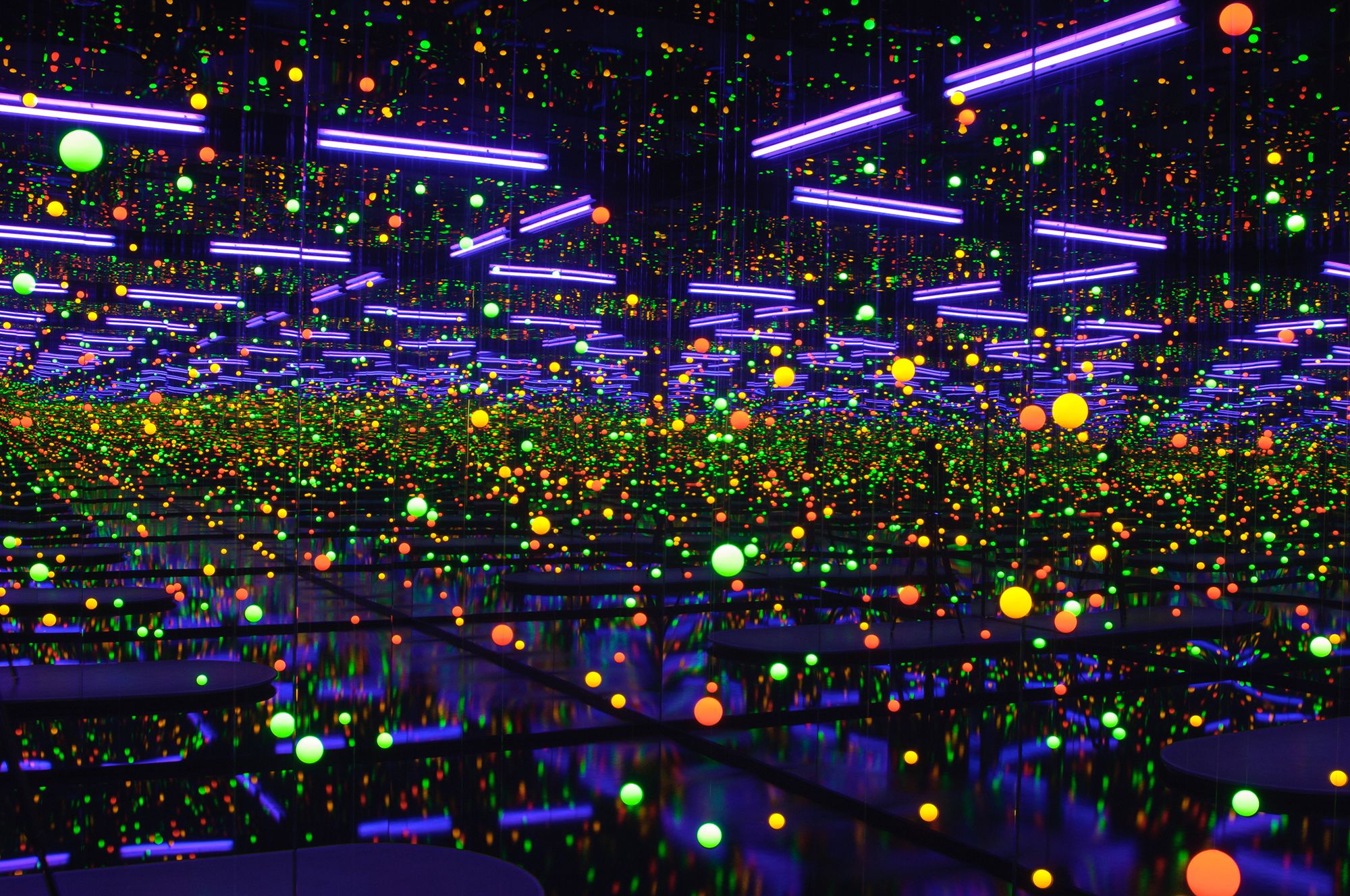 Yayoi Kusama, Japan b.1929 / Soul under the moon 2002 / Mirrors, ultra violet lights, water, plastic, nylon thread, timber, synthetic polymer paint / The Kenneth and Yasuko Myer Collection of Contemporary Asian Art. Purchased 2002 with funds from Michael Sidney Myer and The Myer Foundation, a project of the Sidney Myer Centenary Celebration 1899-1999, through the Queensland Art Gallery Foundation and The Yayoi Kusama Queensland Art Gallery Foundation Appeal / Collection: Queensland Art Gallery | Gallery of Modern Art / © Yayoi Kusama, Yayoi Kusama Studio Inc