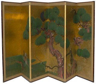 Tosa School, Japan / Pair of six-fold screens with pine trees c.1650 / Gold leaf with moriage detail and colour on paper on wooden framed screens / 165 x 374cm (each screen); 165 x 62cm (each panel) / Bequest of James Fairfax AC through the QAGOMA Foundation 2018 / Collection: Queensland Art Gallery | Gallery of Modern Art