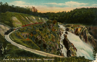 Barron Falls and train, Cairns Railway, Queensland (from ‘Coloured Shell Series’) c.1910 / Postcard: Colour lithograph on paper / 9 x 13.7cm / Gift of Glenn R Cooke through the QAGOMA Foundation 2014 / Collection: Queensland Art Gallery | Gallery of Modern Art