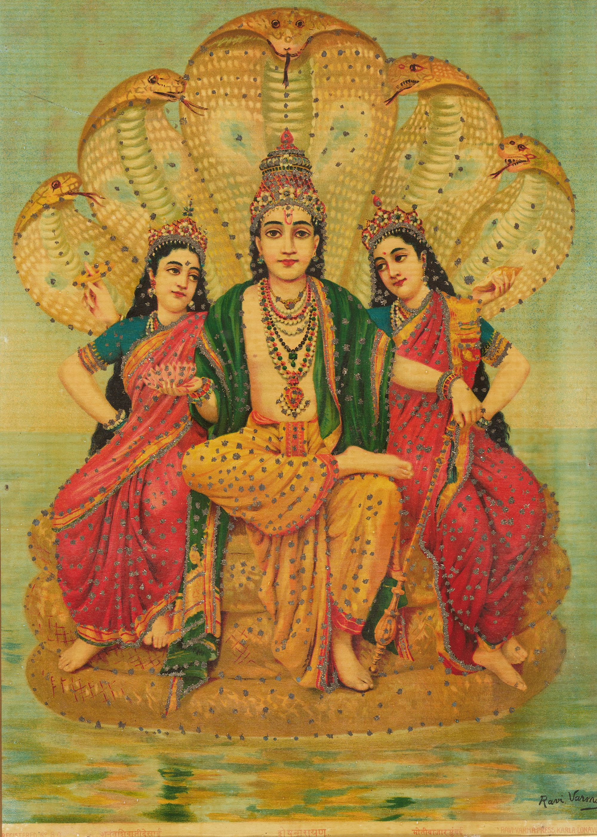 Raja Ravi Varma, India 1848–1906 / Ravi Varma Press, Karla-Lonavla, India / Sheshnarayan early 20th century, printed c.1910–20 / Oleograph with bundaki embellishment, before conservation treatment / Purchased 2024 with funds from the Henry and Amanda Bartlett Trust through the QAGOMA Foundation / Collection: Queensland Art Gallery | Gallery of Modern Art