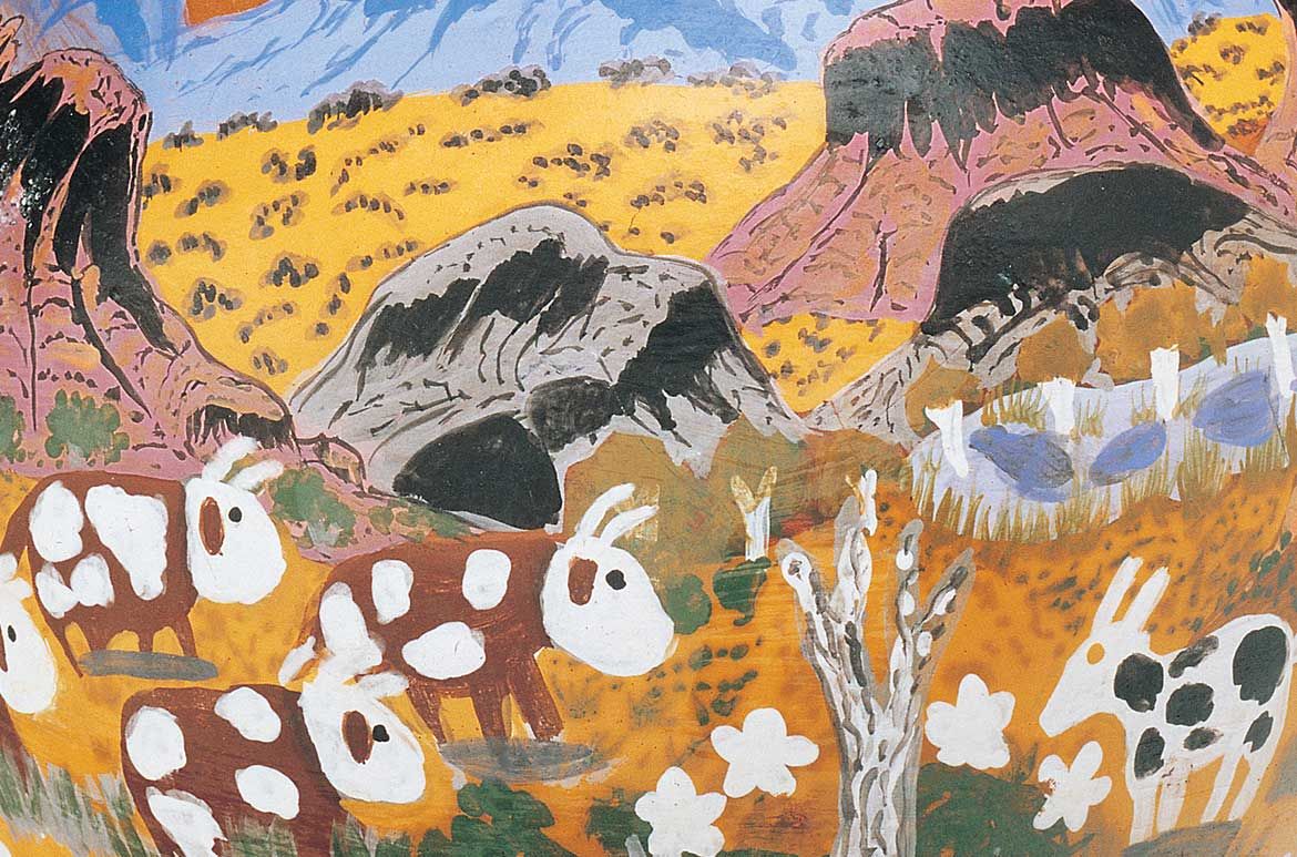 Hermannsburg Potters, Australia NT est.1990 / Irene Mbitjana Entata, Arrernte/Luritja people, Australia 1946–2014 / Pot: Cows (detail) 2000 / Earthenware, hand-built terracotta clay with underglaze colours / 36.5 x 29cm (diam.) (complete); pot: 29.7 x 29cm (diam.); lid: 7.5 x 12.5 x 8.5cm / Purchased 2002 with funds derived from the Cedric Powne Bequest / Collection: Queensland Art Gallery | Gallery of Modern Art / © Irene Mbitjana Entata