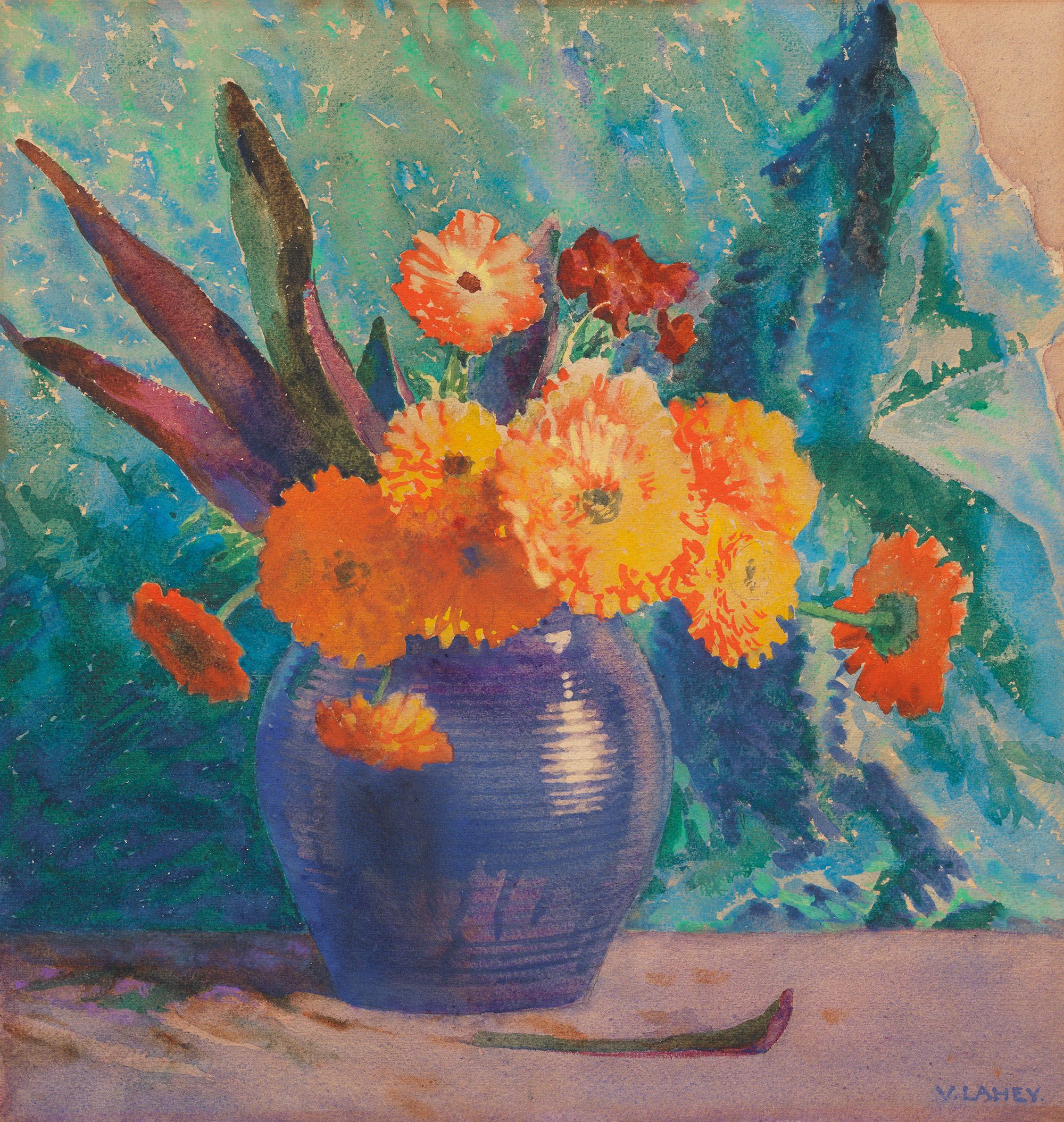 Vida Lahey, Queensland Australia 1882–1968 / Calendulas c.1936-37 / Watercolour and gouache over pencil on wove paper on cardboard / 48 x 45.8cm / Gift of Miss Maria Theresa Treweeke 1937 / Collection: Queensland Art Gallery | Gallery of Modern Art / © QAGOMA