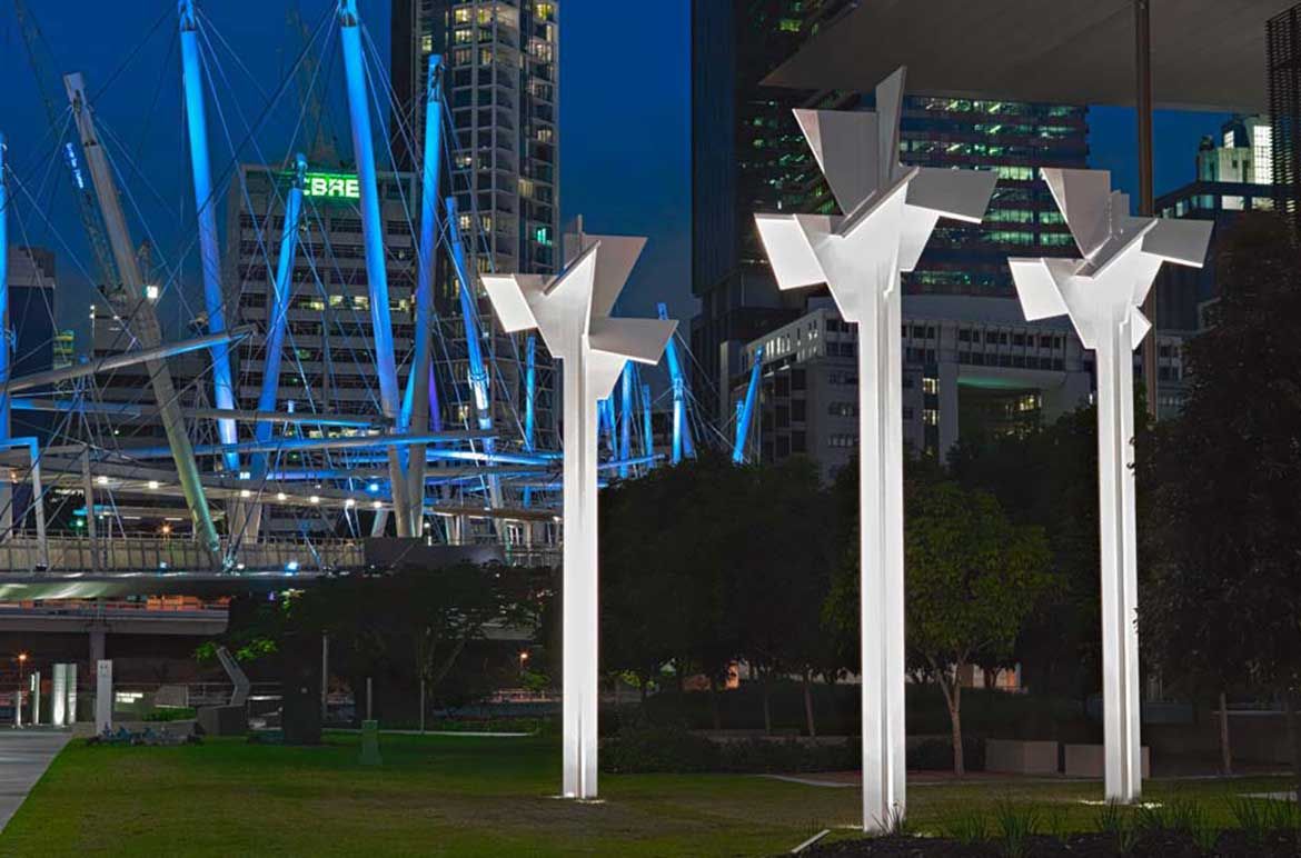 Martin Boyce, United Kingdom b.1967 / We are shipwrecked and landlocked 2008-10, installed at the Gallery of Modern Art, 2010 / Polyurethane on aluminium / Three elements: 770cm (high, each) / Gift of Kaldor Public Art Projects (Sydney), the artist and The Modern Institute (Glasgow) with financial assistance from the Queensland Government through Arts Queensland 2010 / Collection: Queensland Art Gallery | Gallery of Modern Art / © Martin Boyce