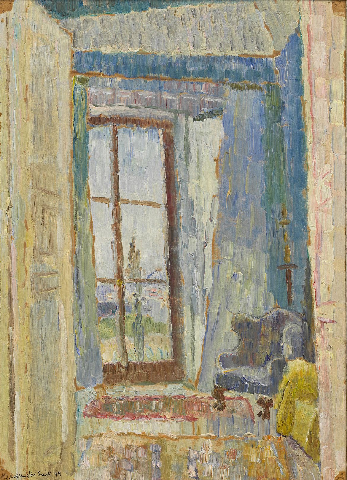 Grace Cossington Smith, Australia 1892-1984 / Interior in Florence 1949 / Oil on board / 35 x 25.2cm (sight) / Gift in memory of Richard Harnett Cambridge and Merle Cambridge through the Queensland Art Gallery Foundation 2010 / Collection: Queensland Art Gallery | Gallery of Modern Art / © Estate of Grace Cossington Smith