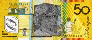 Ryan Presley, Marri Ngarr people, Australia b.1987 / Blood Money–Fifty Dollar Note–Fanny Balbuk Commemorative (detail) 2011 / Watercolour on paper / Dimensions variable / Image courtesy: Ryan Presley and Milani Gallery, Brisbane / Photography: Carl Warner