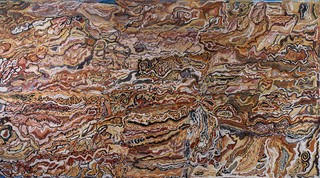 Mavis Ngallametta, Kugu-Uwanh people, Putch clan, Australia 1944–2019 / Flying to Kendall #2 2013 / Ochres and synthetic polymer binder on linen / 150.5 x 275.5cm / Purchased with the assistance of Cathryn
Mittelheuser AM in memory of Margaret
Mittelheuser AM, 2014 / Collection: The University of Queensland / © Estate of Mavis Ngallametta