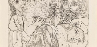 Pablo Picasso / Spain 1881 – 1973 / Monotaure, buveur et femmes (Minotaur, man drinking and woman) from the Vollard Suite (92) 18 June 1933 / Drypoint, etching, scraper and burin engraving / Collection: National Gallery of Australia / ©Succession Picasso. Licensed by Viscopy, 2017.