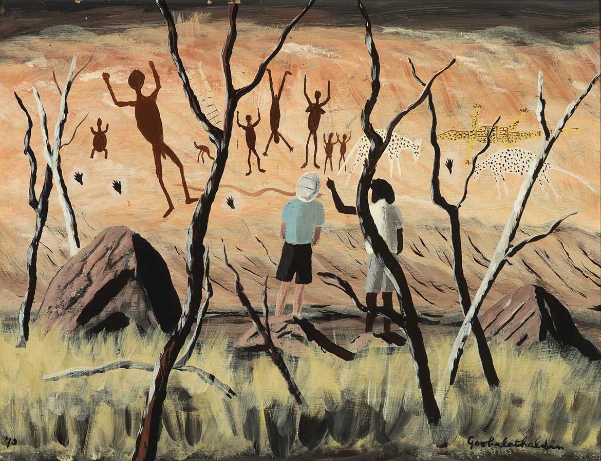 Goobalathaldin Dick Roughsey, Lardil people, Australia 1924–85 / Trezise. Roughsey at the caves 1970 / Oil on board / 28 x 36.5cm / Purchased 2012 / Collection: University of Queensland / © Goobalathaldin Dick Roughsey Estate /Copyright Agency