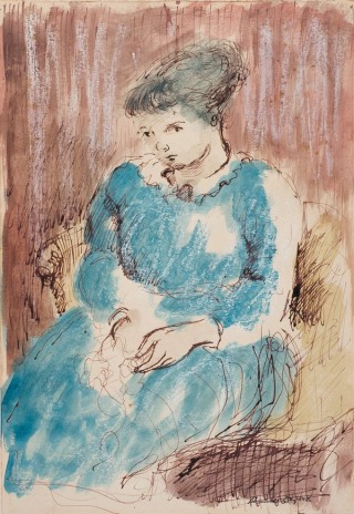 Russell Drysdale, Australia 1912–81 / Portrait of Margaret Olley in blue dress c.late 1940s / Pen and wash on paper / 27.5 x 19.2cm / Bequest of Mrs I F Cantwell, 1990 / Collection: Macquarie University Art Collection / Photograph: Effy Alexakis, Photowrite / © Estate of Russell Drysdale