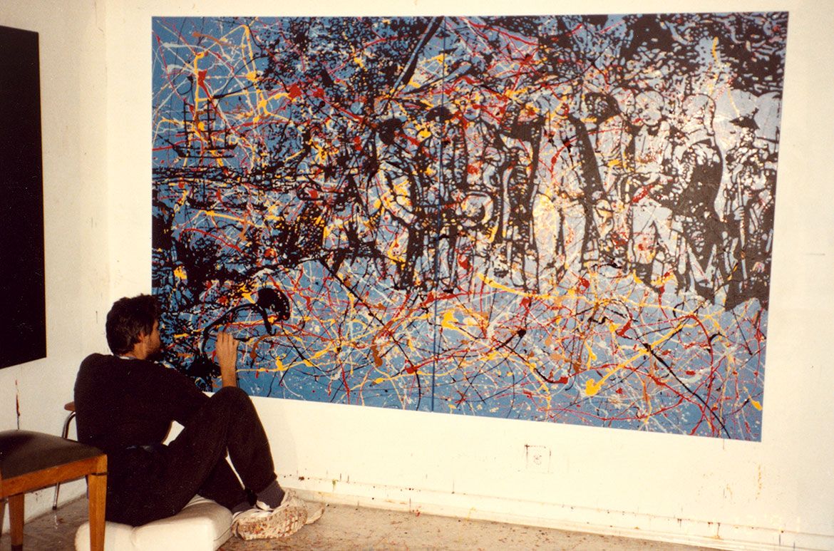 Gordon Bennett painting Possession Island 1991 in his Hautvillers studio, France / Photograph: Leanne Bennett / Image courtesy: The Estate of Gordon Bennett