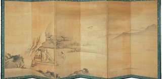 Sparce shadows, flying pearls: A Japanese screen revealed / 27 Aug 2005 – 27 Nov 2005 / TOEKI, Unkoku, Japan 1591-1644 / Pair of six-panel screens (Landscapes with Li Bai and Lin Bu) c.1610-44 (early Edo Period) / Ink, colours and gold wash on paper on six-panel wooden framed screens (byobu), edged with woven silk and covered verso in paper relief printed in black / Four centre panels; two outer panels / Gift of James Fairfax, AO, through the Queensland Art Gallery Foundation 1992 / Collection: Queensland Art Gallery