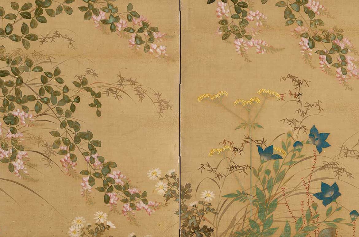Suzuki Kiitsu, Japan 1796-1858 / Small two-fold table screen with autumnal plants 1844-58 / Ink and colour on silk on wooden framed screen / 60 x 99 x 1.5cm / Gift of James Fairfax AC through the Queensland Art Gallery | Gallery of Modern Art Foundation 2018 / Collection: Queensland Art Gallery | Gallery of Modern Art