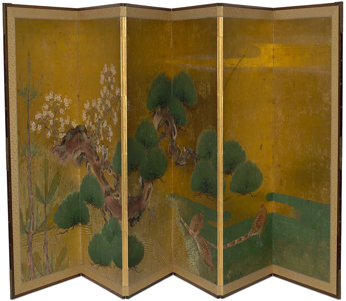 Tosa School, Japan / Pair of six-fold screens with pine trees c.1650 / Gold leaf with moriage detail and colour on paper on wooden framed screens / 165 x 374cm (each screen); 165 x 62cm (each panel) / Bequest of James Fairfax AC through the QAGOMA Foundation 2018 / Collection: Queensland Art Gallery | Gallery of Modern Art