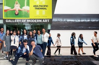 (l-r) Students from Mabel Park High School gather with their workshop facilitators outside GOMA, March 2025, Photograph: Chang Po Ching, Mabel Park High School / Students view works by Brett Graham installed at GOMA for the eleventh Asia Pacific Triennial, March 2025 / Photograph: J Ruckli © QAGOMA