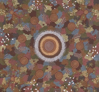 Kumantje Jagamara, Warlpiri/Luritja people, Australia, b.c.1946-2020/ Kangaroo Story at Wantapi 1988/ Synthetic polymer paint on linen / 213 x 228cm / Gift of Robert Bleakley through the Queensland Art Gallery | Gallery of Modern Art Foundation 2017. Donated through the Australian Government’s Cultural Gifts Program / Collection: Queensland Art Gallery | Gallery of Modern Art / © Estate of Kumantje Jagamara