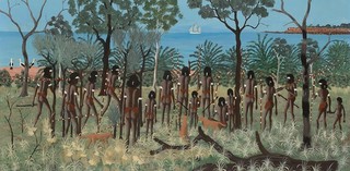 Goobalathaldin Dick Roughsey, Lardil people, Australia 1924‑85 / First Missionary, Mornington Island 1977 / Synthetic polymer paint on composition board / 60 x 90cm / Purchased 2019 with funds from the Mather Foundation through the Queensland Art Gallery | Gallery of Modern Art Foundation / Collection: Queensland Art Gallery | Gallery of Modern Art / © Goobalathaldin Dick Roughsey/Copyright Agency