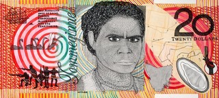 Ryan Presley, Marri Ngarr people, Australia b.1987 / Blood Money–Twenty Dollar Note–Woloa Commemorative (detail) 2011 / Watercolour on paper / Dimensions variable / Image courtesy: Ryan Presley and Milani Gallery, Brisbane / Photography: Carl Warner