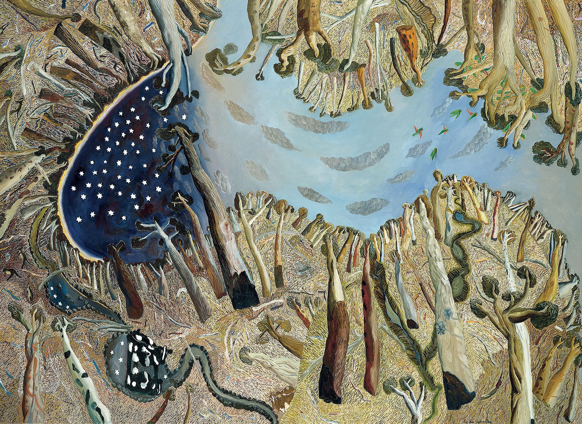 William Robinson, Queensland Australia 1936–2025 / Four seasons (panel 1) 1987 / Oil on canvas / 137.5 x 188cm / Commissioned 1987 with funds from the Australia and New Zealand Banking Group Limited on the occasion of Australia's Bicentenary 1988 / Collection: Queensland Art Gallery | Gallery of Modern Art / © William Robinson Estate