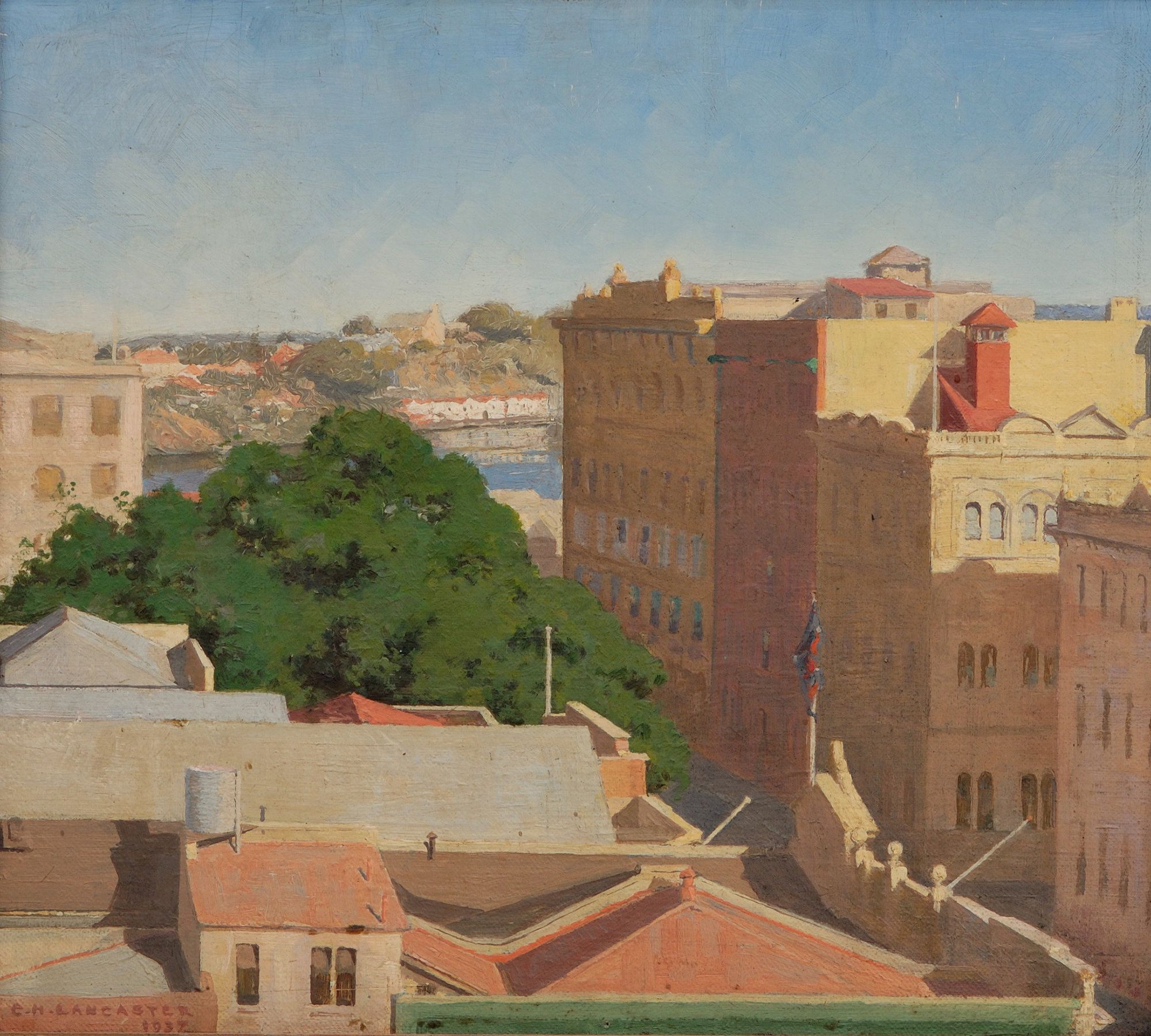 Charles H Lancaster, Australia 1886–1959 / A corner of Brisbane 1937 / Oil on canvas on cardboard / 39.5 x 44.5cm / Purchased 1937 / Collection: Queensland Art Gallery | Gallery of Modern Art / © Charles H Lancaster Estate