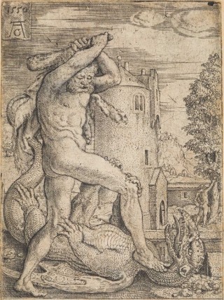 Heinrich Aldegrever, Germany 1502-c.1555-61 / Hercules Slaying the Dragon Ladon (from ‘The Labours of Hercules’) 1550 / Engraving on paper / 10.8 x 7cm / Gift of Dr Morris Low through the Queensland Art Gallery | Gallery of Modern Art Foundation 2016. Donated through the Australian
Government’s Cultural Gifts Program / Collection: Queensland Art Gallery | Gallery of Modern Art