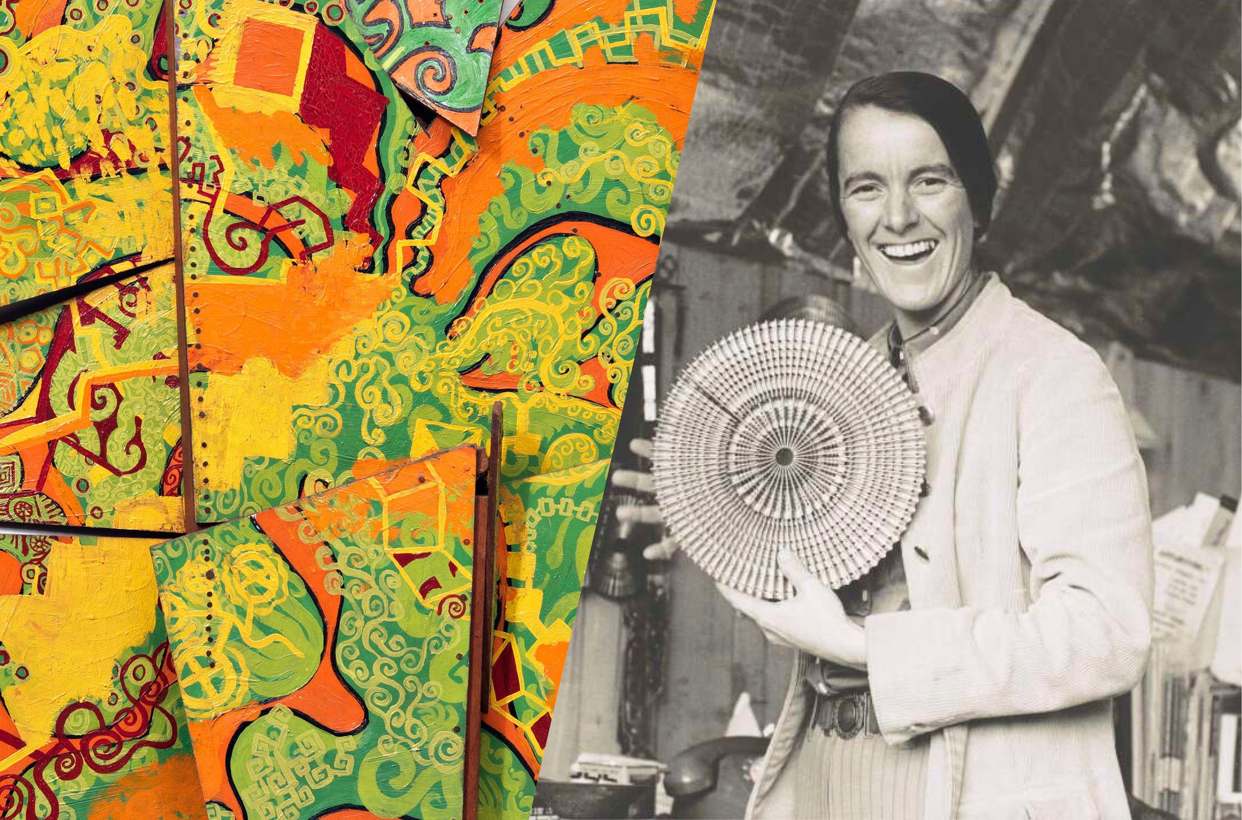 (l-r) Vivienne Binns, Australia 1940–2026 / Orange flam (detail) 1967 Collection: Queensland Art Gallery | Gallery of Modern Art / Vivienne Binns in her workshop, Sydney, 1971. Photograph: Douglas Thompson / 5782237 / Courtesy: National Library of Australia