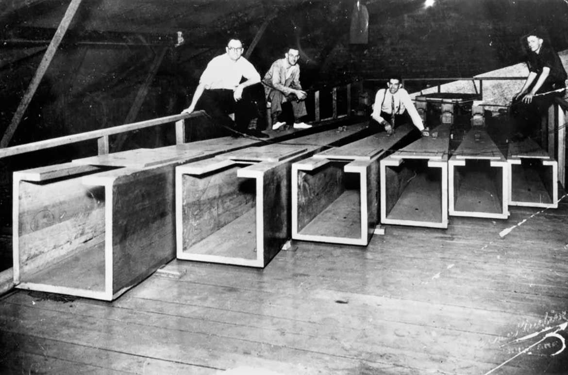 Diaphone pipes for the Wurlitzer organ being installed in the ceiling of the Regent Theatre in Brisbane, ca. 1929 / Courtesy: Brisbane John Oxley Library, State Library of Queensland