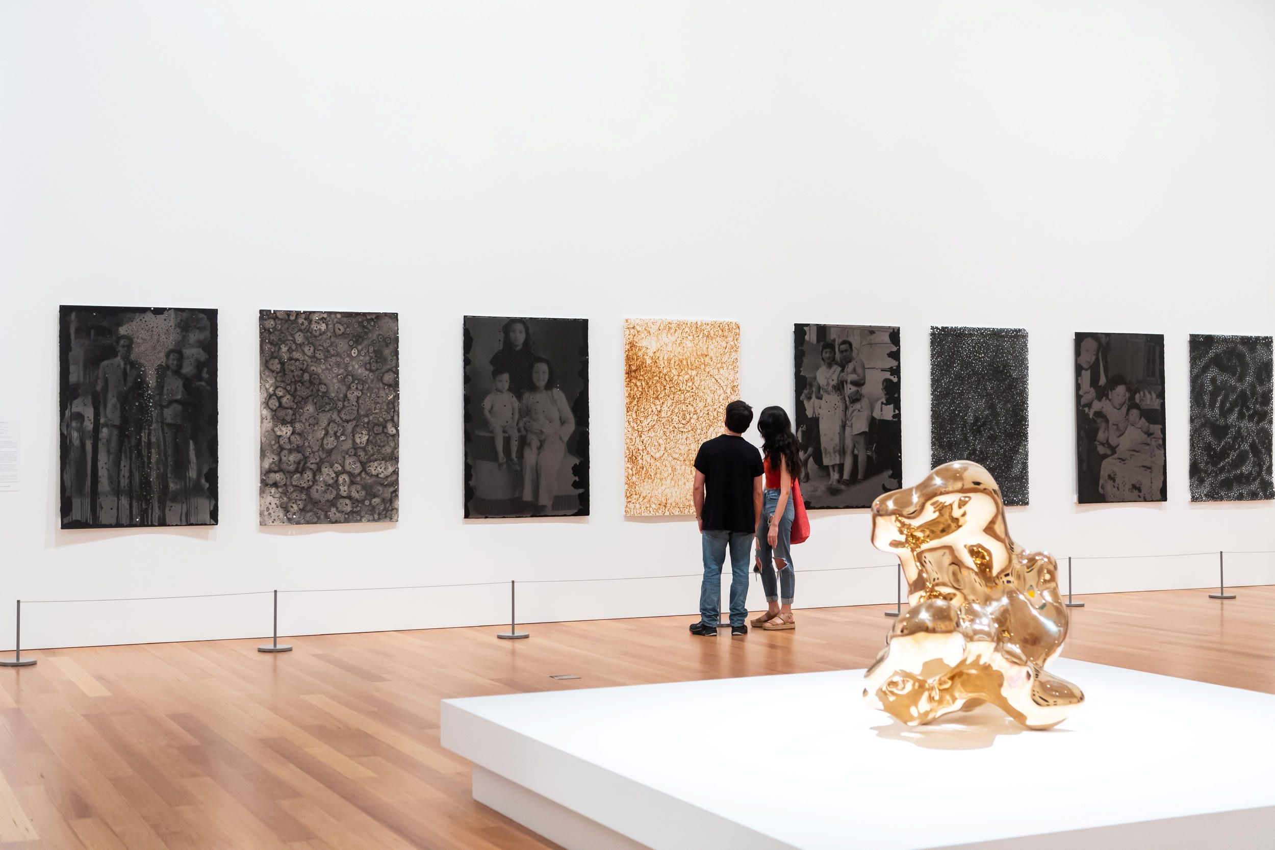 Lindy Lee, b.1954 / Left: Following the long path 2018; Elliptical rain 2018; Whispering Truth 2018; Transformation by fire 2018; Leaving birth and death 2018; Quiescence 2018; Write, erase, re-write 2018; Resting in a cloud of stars 2018 / Right: Unnameable 2017 / Bronze / 150 x 80 x 100cm / Purchased 2020 with funds from the Queensland Art Gallery | Gallery of Modern Art Foundation and Cathryn Mittelheuser AM / Collection: Queensland Art Gallery | Gallery of Modern Art / © Lindy Lee 