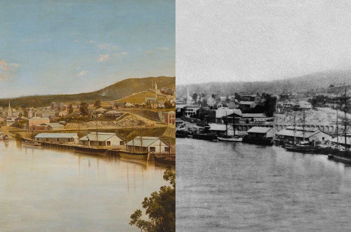 Detail of Panorama of Brisbane 1880 highlighting the same panoramic view from Bowen Terrace used by Thomas Mathewson