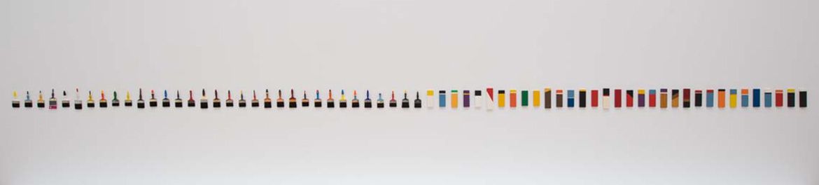 Robert MacPherson, Australia b.1937 / Scale from the tool colour group 1977-78 / Enamel house paint on wooden panels and house-painting brushes / 33 panels ranging from 22.6 x 8.8 x 2cm to 31.7 x 9.5 x 2cm; 33 brushes ranging from 22.5 x 10 x 2cm to 31.5 x 10.3 x 2cm; 65 x 450cm / Purchased 1999. The Queensland Government’s special Centenary Fund / Collection: Queensland Art Gallery | Gallery of Modern Art / © Robert MacPherson